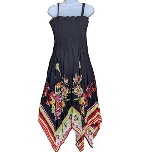 Soft Surroundings Black Floral Midi Dress PL Assymetrical Fairy Bohemian